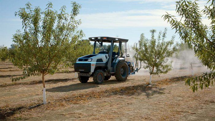 Driverless tractor with sprayer attachment moving along rows of trees.