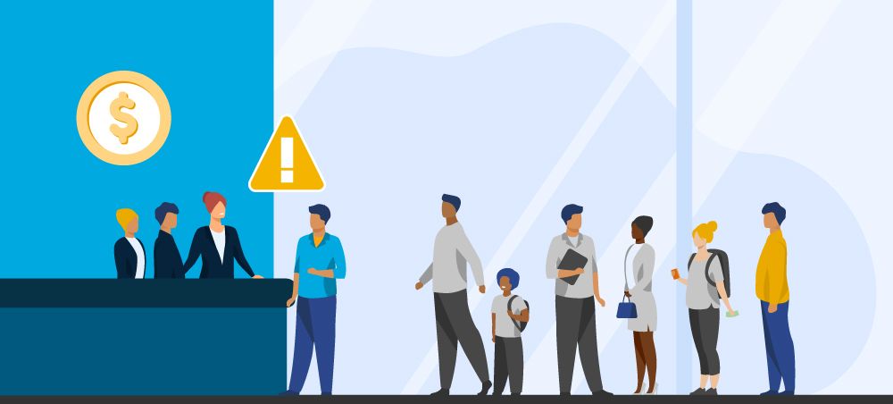 Illustration of people queued behind a customer at a bank teller window while all the bank employees attend one customer. 