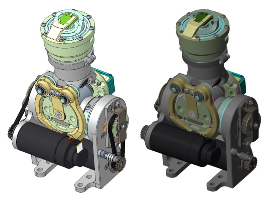 Two side-by-side illustrations of the iCub neck mechanism model, one rendered in CAD software and the other in Simscape. 