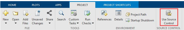 MATLAB Project tab showing the Use Source Control button.