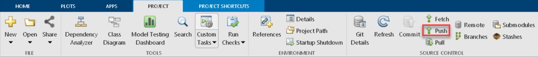 MATLAB Project tab showing the Push button in the Source Control section of the toolstrip.