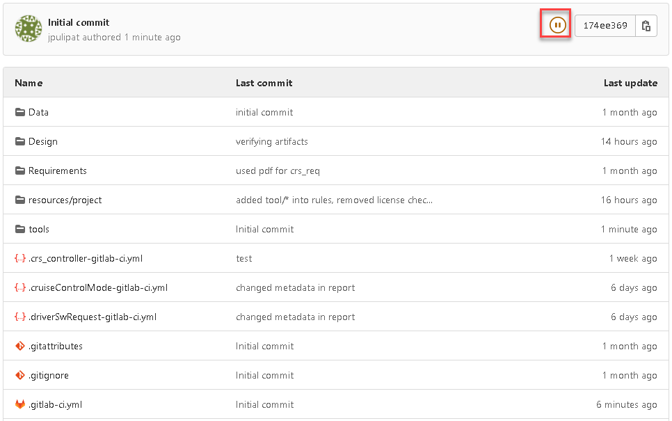 GitLab repository and pipeline status after submitting the initial commit.