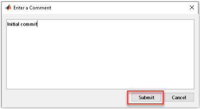 Example commit message for the “Initial commit” and the Submit button for the commit.