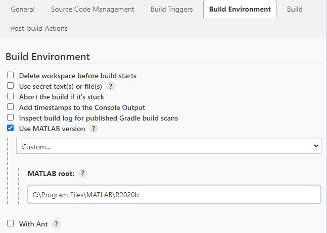 A screenshot of the pop-up window with the Build Environment tab selected. ‘Use MATLAB version’ is selected with a dropdown menu for selection and a form for MATLAB root to be filled in.