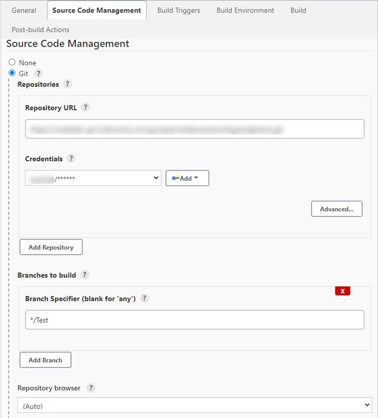 A screenshot for the pop-up window with the Source Code Management tab selected. Git is selected and there are forms for the Repository U R L and Credentials. There’s also a form for Branches to build and the repository browser.