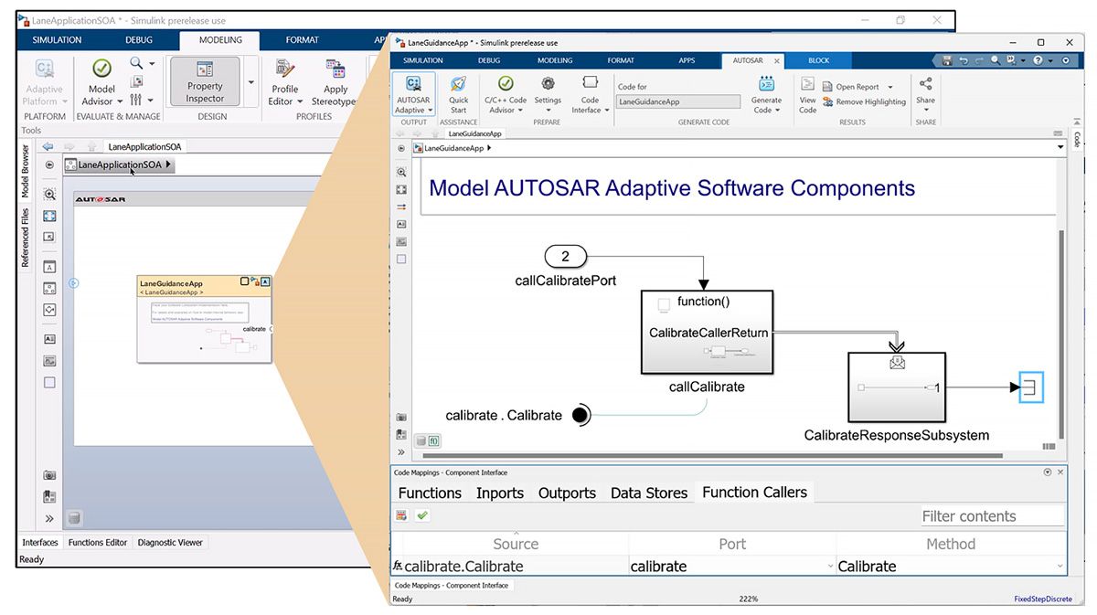 Screenshots of a Simulink model mapped to AUTOSAR properties for LaneGuidanceApp services.