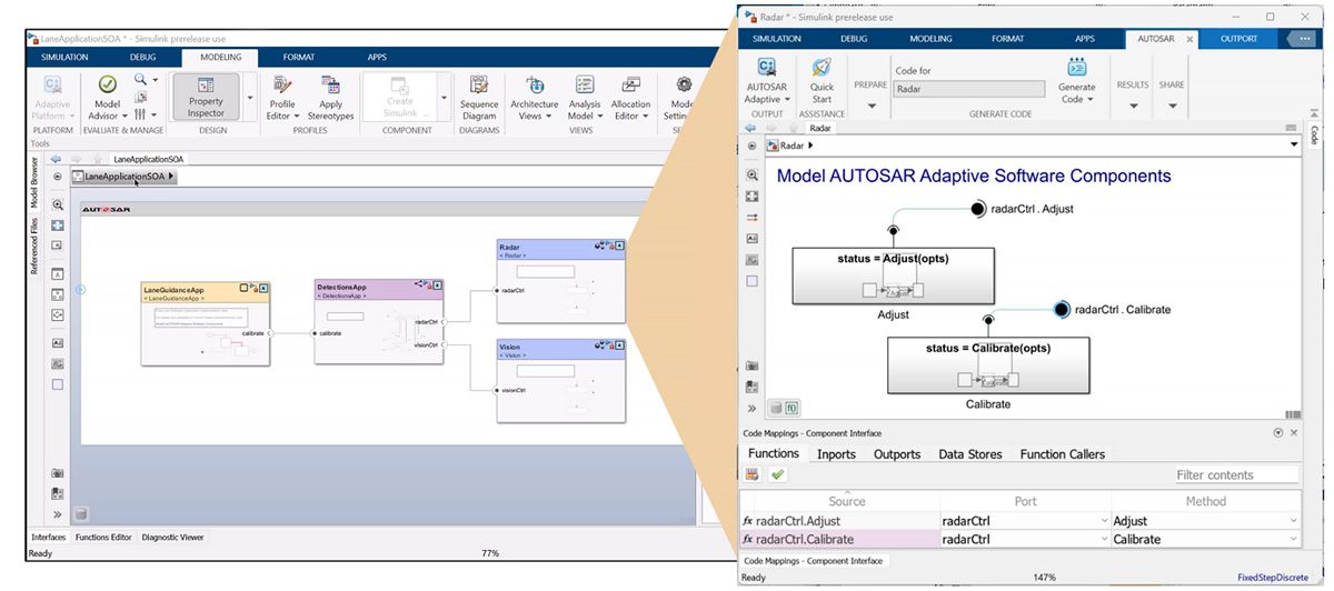 Simulink screenshot of C++ code for an AUTOSAR Adaptive application being generated.  