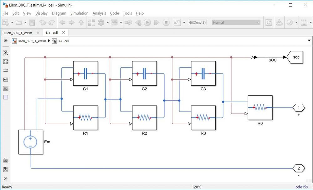 Figure 2. An isothermal 3-RC equivalent circuit developed for parameter estimation using Simscape blocks. 