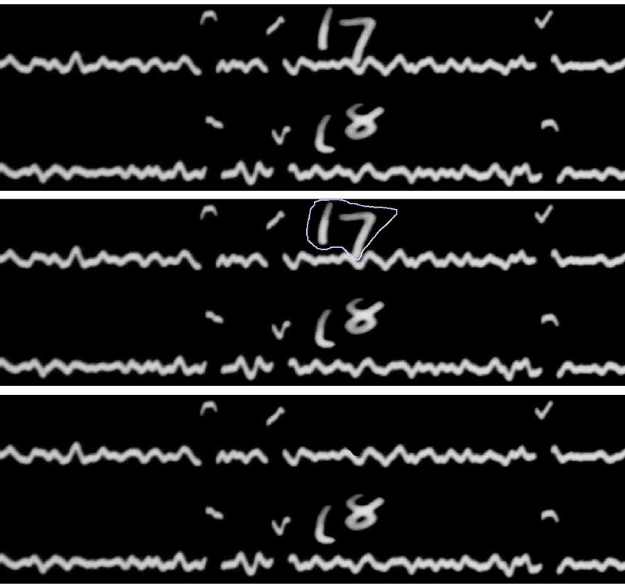 Figure 3. Top: A section of a seismogram showing traces with the hour note (17 and 18). The first timing note is selected (middle) and then removed (bottom).