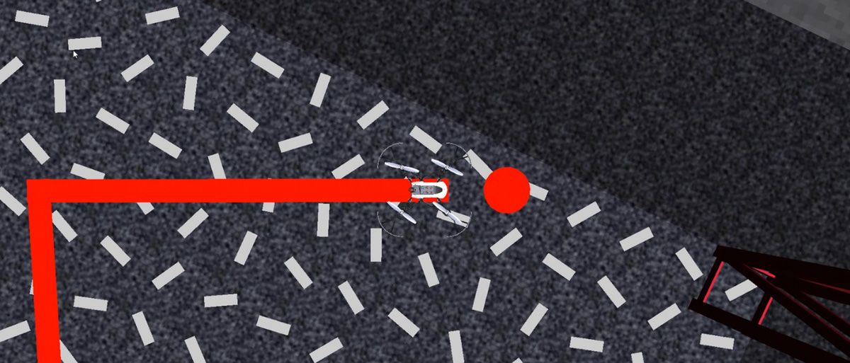 Simulated view from above of the end of the flight path and the designated landing area for the drone.