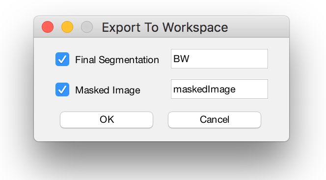 Figure 8. Using the export button in the Image Segmenter app to export the mask to the workspace.