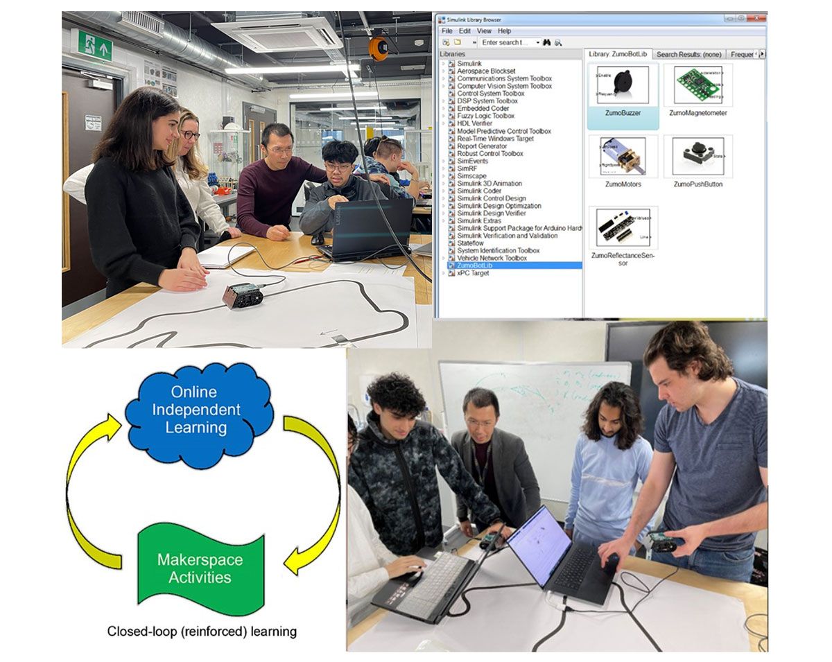 En el sentido de las agujas del reloj desde la parte superior izquierda: El Dr. Cheah analiza un proyecto con estudiantes en un espacio de creación, imagen de una biblioteca de Simulink para Zumo Robot, un estudiante presentando su proyecto y un diagrama del concepto de aprendizaje basado en proyectos con ciclo continuo de mejora de TEDI-London