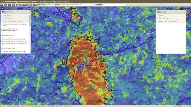 nasa-stennis-user-story-image.jpg U.S. Forest Change Assessment Viewer map showing vegetation changes in Gatlinburg, Tennessee, following a 2016 fire.