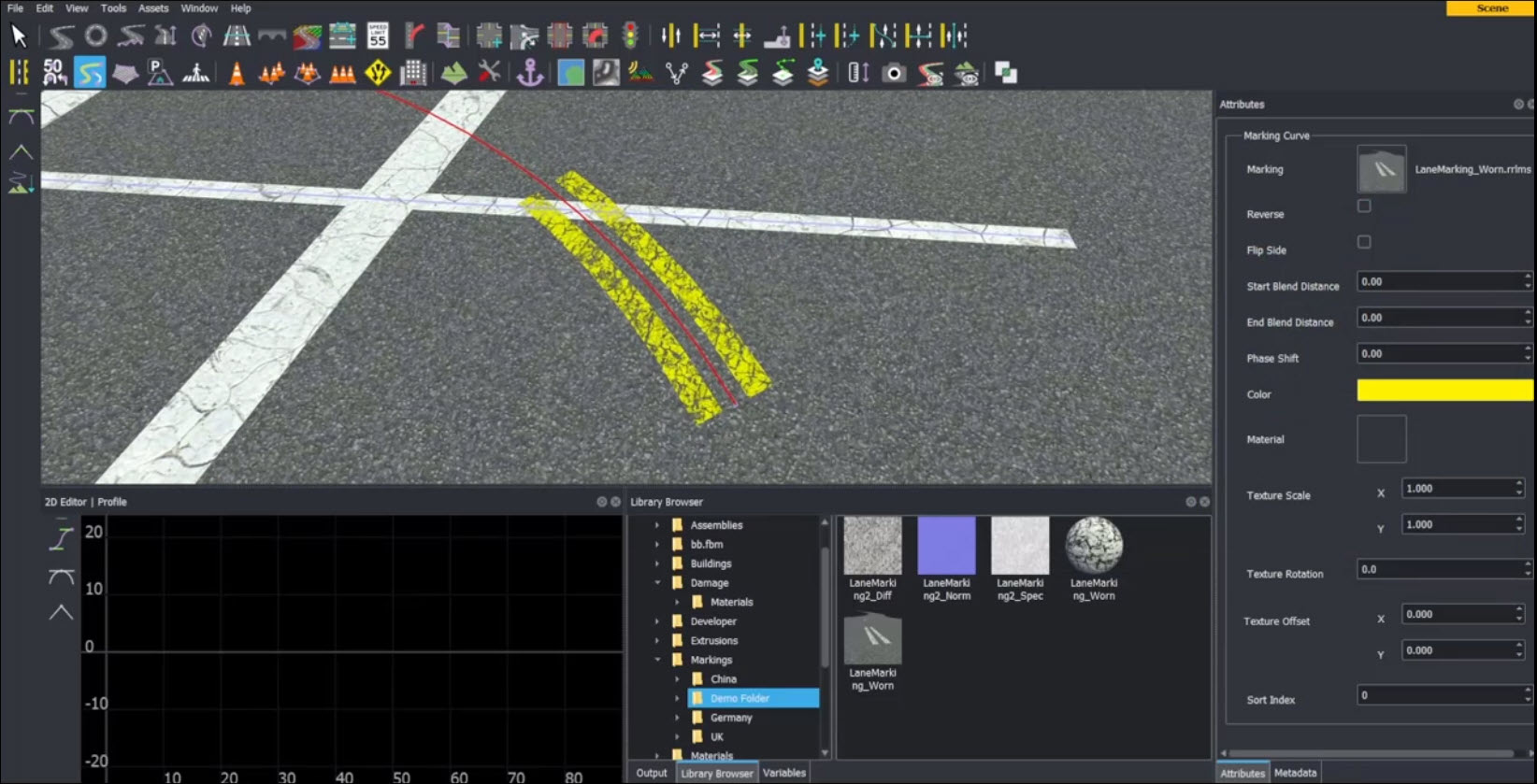 Demonstration of creating lane markings including material properties, textures, and lane marking styles.