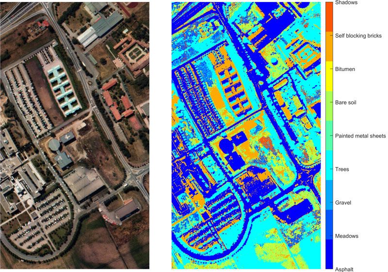 Using satellite-based hyperspectral data to identify different terrestrial regions, based on their material type, using maximum abundance classification.