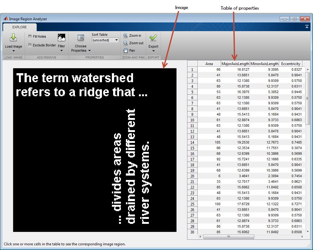 Extracting statistical data (left) and filtering images based on region properties (right) using the Image Region Analyzer app.