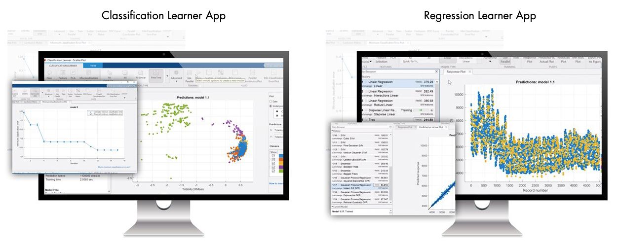 Apps Classification Learner y Regression Learner lado a lado mostrando los pasos para crear modelos de Machine Learning y visualizar los resultados de la clasificación y regresión.