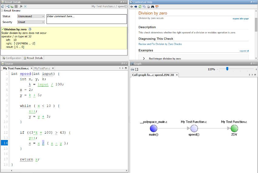 Division-by-zero checking using Polyspace Code Prover.