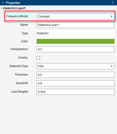 Properties panel showing dielectric layer section with FrequencyModel set to Constant.
