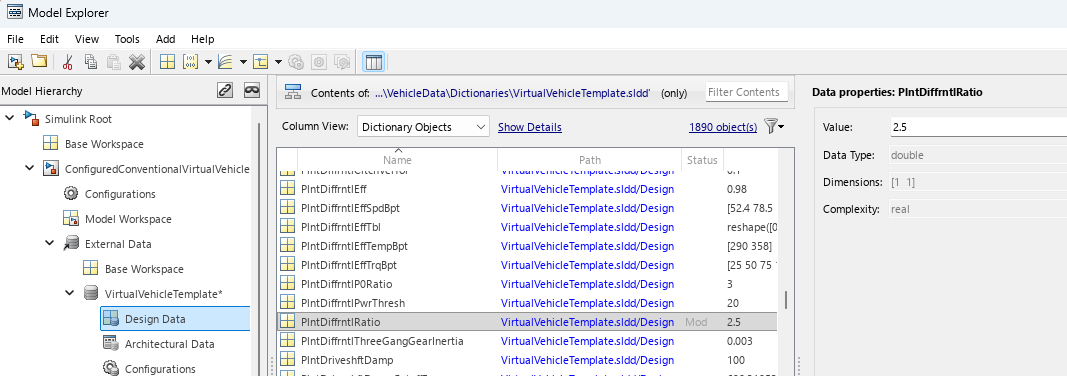 Model explorer with data dictionary parameter PlntDiffrntlRatio set to 2.5.