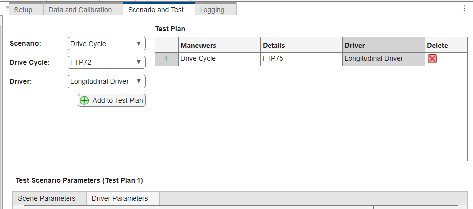 Virtual Vehicle Composer app Scenario and Test pane