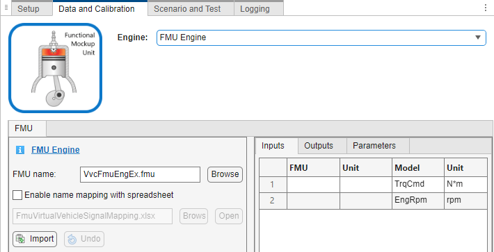 Virtual Vehicle Composer interface for configuring an FMU engine. Shows an icon of a piston labeled Functional Mockup Unit, a dropdown with FMU Engine selected, a file input for VvcFmuEngEx.fmu, and a table listing two parameters, TrqCmd (N·m) and EngRpm (rpm).