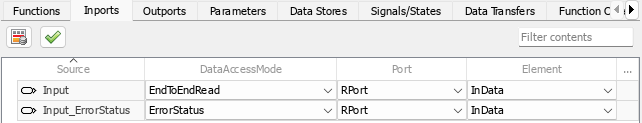 The Inports tab of the Code Mappings editor. The DataAccessMode of the Input_ErrorStatus is set to ErrorStatus.