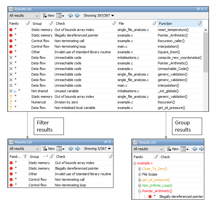 A typical list of Polyspace results. You can filter to specific types of results or group the results.