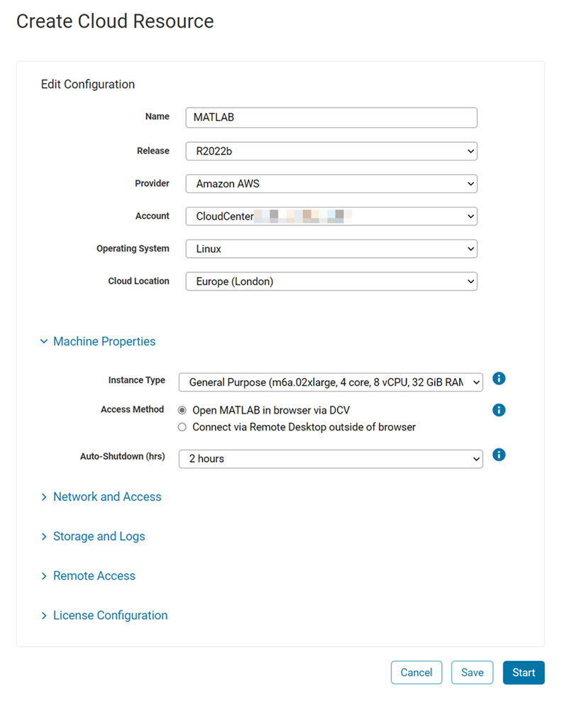 Create cloud resource window with summary of MATLAB cloud resource.