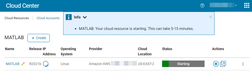 Status column shows the newly created MATLAB resource starting in the Cloud Resources tab.