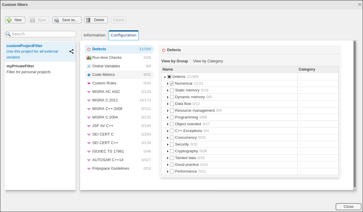 Polyspace Platform custom filters configuration window