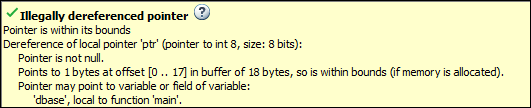 The Result Details pane shows that the pointer 'ptr' is dereferenced within its bounds. The pointer is not null and pointers to 1 byte at offset [0 ..17] in a buffer of 18 bytes, so is within bounds.