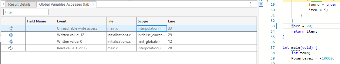 The Global Variables Accesses pane showing the variable tab is read in the function interpolation()