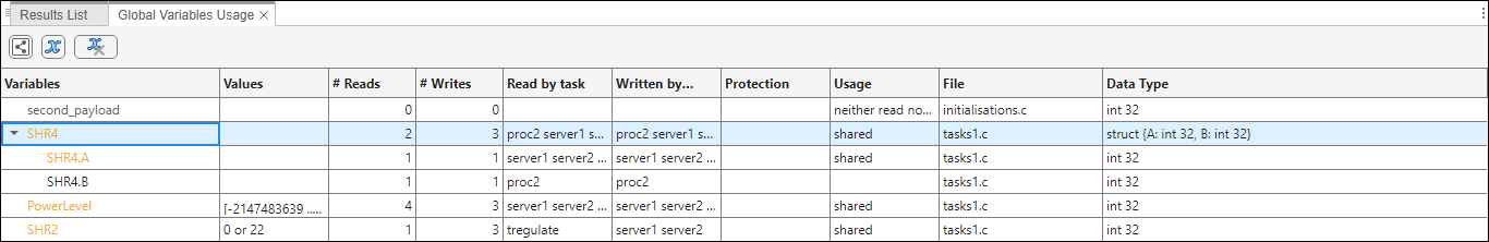 On the Global Variables Usage pane, you can expand a structured variable on the Variables column to see the structure fields.