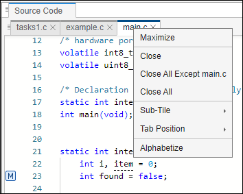 Context menu for files in the Source Code pane.