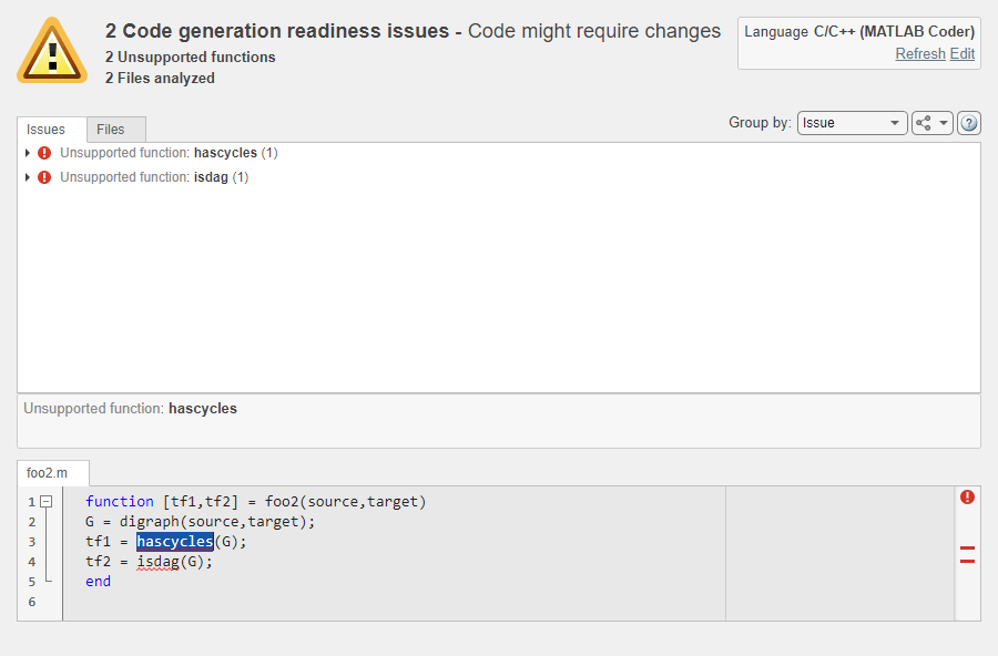 Screenshot of the code generation readiness tool with sample code and analysis results.