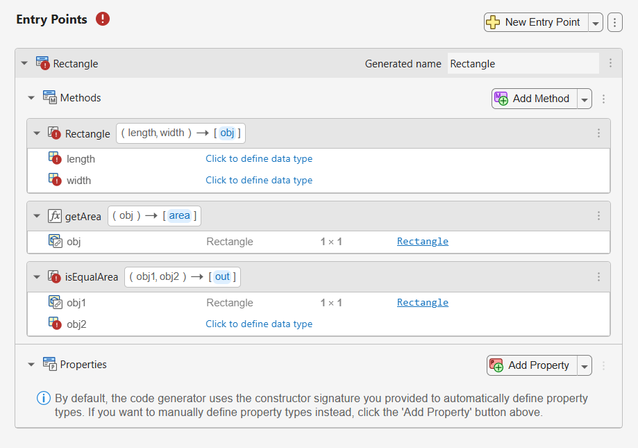 Screenshot of the Entry Points pane of the MATLAB Coder app. The Rectangle class has been added as an entry point. The Methods section is populated with the Rectangle constructor, and the getArea and isEqualArea instance methods.
