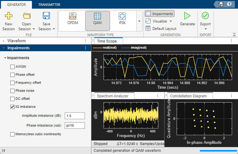 Wireless Waveform Generator app display of 16QAM waveform with IQ imbalance.