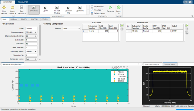 5G Wireless Waveform Generator app default configuration.