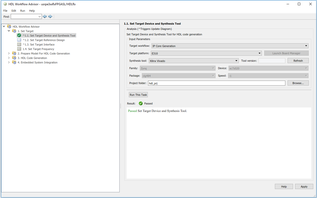 HDL workflow advisor window with set target device and synthesis tool selected