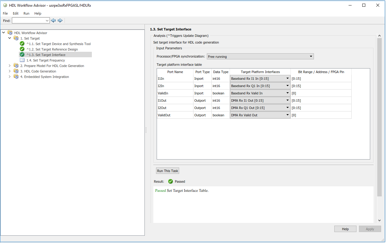 HDL workflow advisor window with set target interface selected