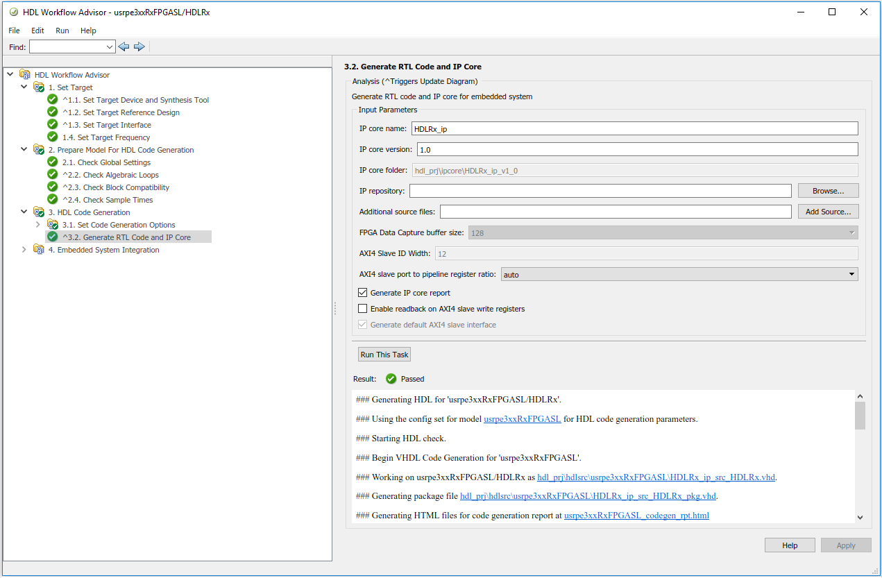 HDL workflow advisor window with generate RTL code and IP core selected