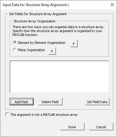 The Input Data for Structure Array Argument x panel for specifying struct array input agruments