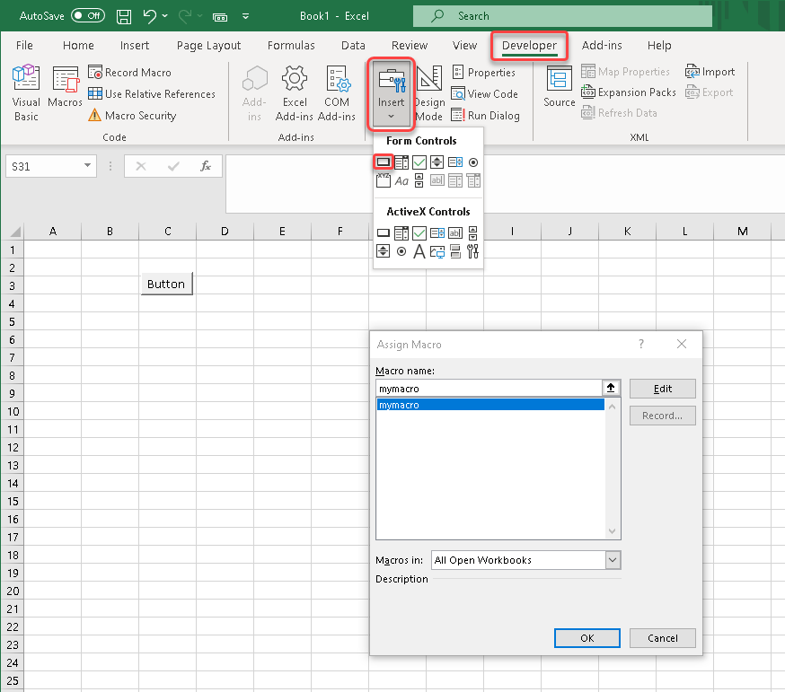 An Excel spreadsheet with the Insert Form Controls menu highlighted and the Assign Macros dialog box open