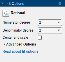 Fit Options pane for rational fit with edited numerator and denominator degrees