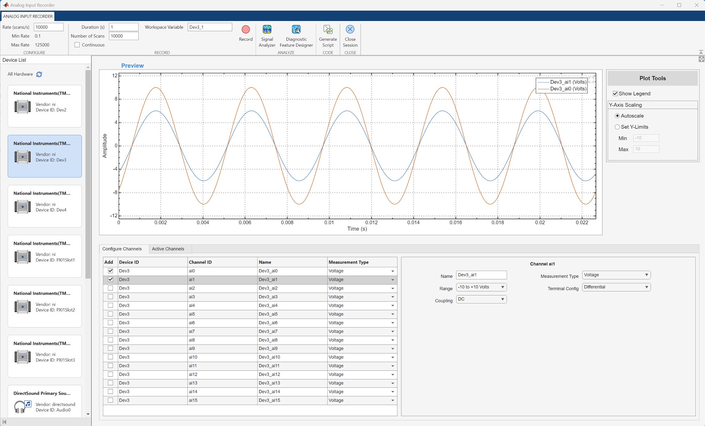 Analog Input Recorder app with three channels