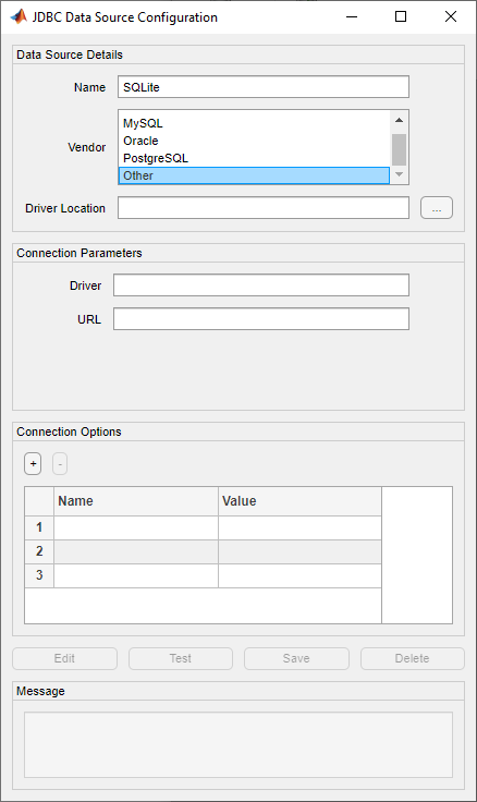 JDBC Data Source Configuration dialog box with the selected Other vendor