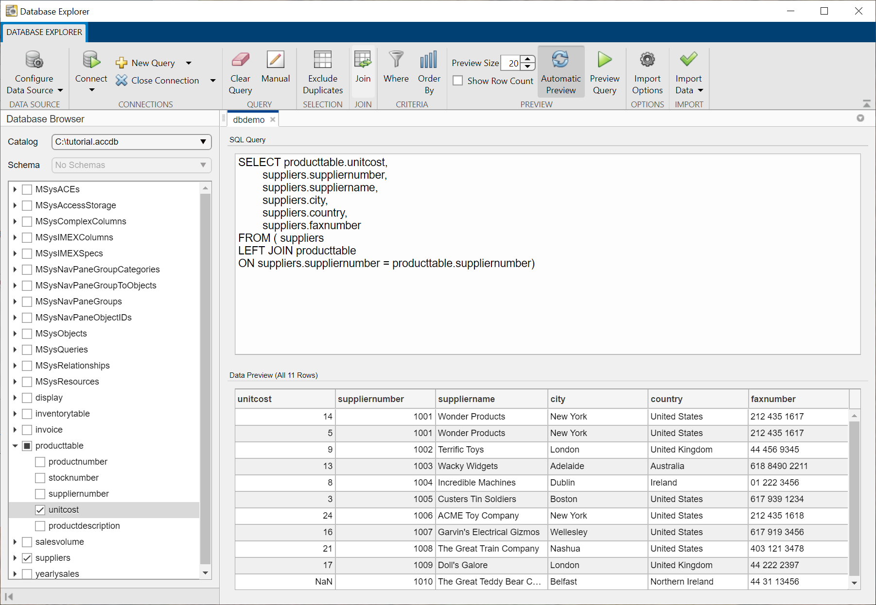 The Database Browser pane shows the selected table productTable with the selected unitcost column in the Database Explorer app. The SQL Query pane shows the SQL SELECT statement that selects the unitcost column from the table producttable and all the columns from the table suppliers. The Data Preview pane displays the data for the 11 returned rows.