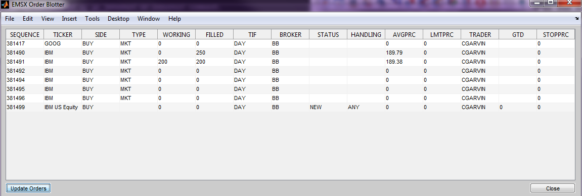 EMSX Order Blotter displays order information, such as sequence number, side, type, and broker, in a table format.