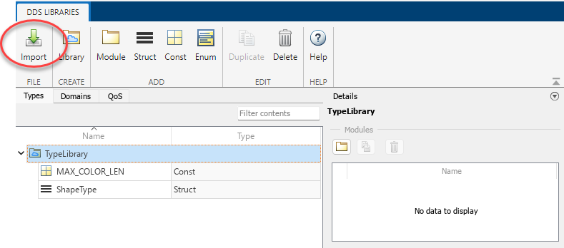 Display of DDS Dictionary. Import button is located to the left in the toolbar.